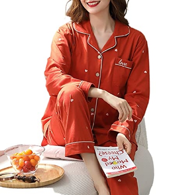 Pijama Mujer Sexy, Conjuntos De Pjs para Mujer Pijamas De Algodón De Manga Larga Casual Novedad Corazón De Amor Pantalones De Rebeca Rojos Otoño Invie