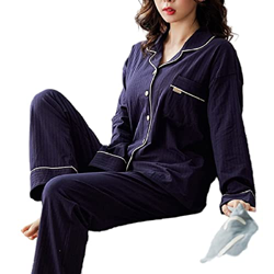 Pijama Mujer Sexy, Conjuntos De Pjs para Mujer Pijamas De Algodón De Manga Larga Casual Novedad Raya Azul Marino Chaqueta De Punto Pantalones Otoño In precio