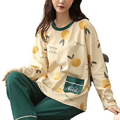Pijama Mujer Sexy, Casual Mangas Largas Pjs Conjuntos Pijamas De Algodón Novedad Limón Camisón Pantalones Otoño Invierno Cálido Camisón para Mujer Rop