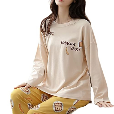 Pijama Mujer, Casual Mangas Largas Pjs Conjuntos Pijamas De Algodón Novedad Dibujos Animados Plátano Camisón Pantalones Otoño Invierno Cálido Camisón 