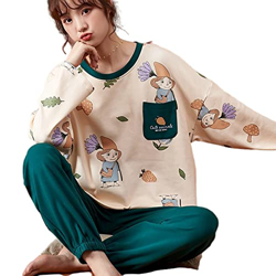 Pijama Mujer, Casual Mangas Largas Pjs Conjuntos Pijamas De Algodón Novedad Dibujos Animados Niña Camisón Pantalones Otoño Invierno Cálido Camisón par en oferta