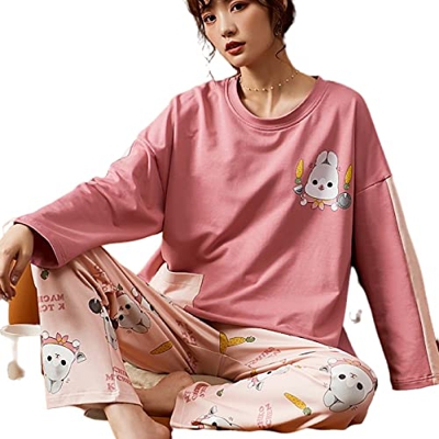 Pijama Mujer, Casual Mangas Largas Pjs Conjuntos Pijamas De Algodón Novedad Dibujos Animados Conejo Camisón Pantalones Otoño Invierno Cálido Camisón p
