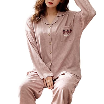 Pijama Mujer, Pjs Conjuntos para Mujer Casual Manga Larga Pijamas De Algodón Novedad Fresa Rosa Cárdigan Pantalones Otoño Invierno Cálido Ropa De Dorm
