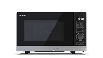 SHARP YC-PG204AE-S - Microondas con grill (700 W, 20 L, 10 niveles de potencia, función eco, descongelación, seguridad infantil), color plateado y neg