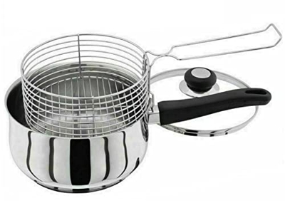 HoitoDeals Sartén de inducción profunda de acero inoxidable y patatas fritas tapa y cesta para herramienta de cocina (juego de 2)