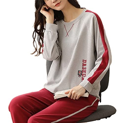 Pijama Mujer Verano, Casual Mangas Largas Pjs Conjuntos Pijamas De Algodón Novedad Rayas Gris Rojo Camisón Pantalones Otoño Invierno Cálido Camisón pa