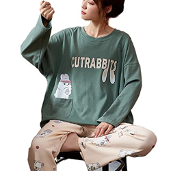 Pijama Mujer Verano, Casual Mangas Largas Pjs Conjuntos Pijamas De Algodón Novedad Dibujos Animados Conejo Verde Camisón Pantalones Otoño Invierno Cál en oferta