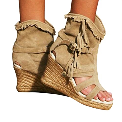 Minetom Sandalias con Borlas Mujer Tacón De Cuña Sandalias Romanas De Gladiador Bohemio Sandalias De Verano Botines Zapatos De Playa A Caqui 37 EU