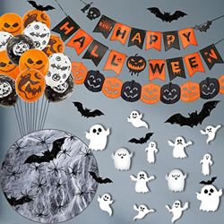 OHWHOA Halloween Decoracion Casa, 79 Pcs Decoración Halloween- Guirnaldas Calabaza y Fantasmas, Globos Halloween Negros y Naranjas, Pancarta Happy Hal en oferta
