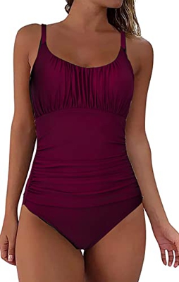 NLAND Traje de Baño de una Pieza para Mujer Correas Espaguetis Mujer Pliegues Bañador Bikini Retro(Vino Tinto,XL)