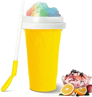 Magic Slushy Maker Squeeze Cup Slushy Maker,DIY Homemade Quick Frozen Smoothies Cup, 2 in 1 Straw and Spoon,Portable Squeeze Ice Cup for Everyone (Yel
