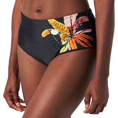 Women'secret Parte Inferior de bikini con estampado posicionado para Mujer, Negro, L
