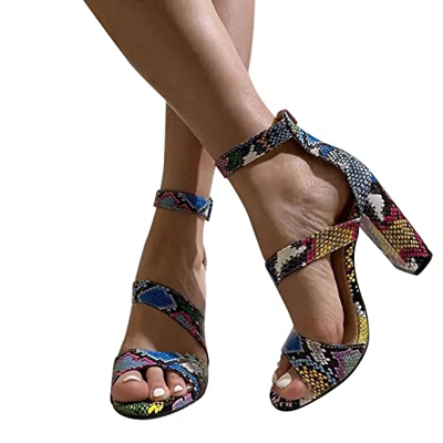 Sandalias de Tacón Grueso con Estampado de Serpiente para Mujer, Sandalias con Correa Sexy Sandalias Elegantes de Verano con Punta Abierta Sandalias d