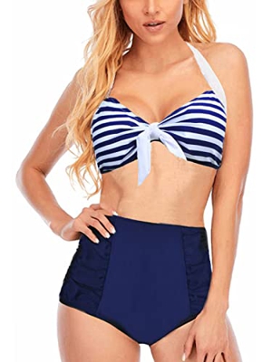 Sixyotie Conjunto de bikini a rayas para mujer, traje de baño de dos piezas, traje de baño, Rayas azules, 52