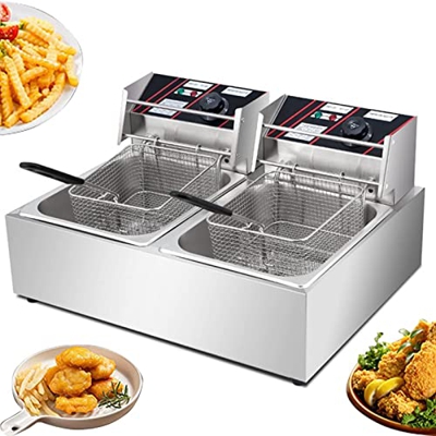 Freidora Comercial - 2500W 10L Freidoras Eléctricas De Doble Tanque con Cestas Y Tapas, Freidora De Aceite De Encimera De Acero Inoxidable para Restau