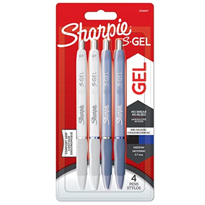 Sharpie S-Gel | Bolígrafos de gel | Punta mediana (0,7 mm) | Cuerpos azul hielo y blanco perla | Tinta negra y azul | 4 unidades