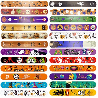 Jsdoin 48 PCS Halloween Slap Pulseras Halloween Pulseras Calabaza Pulseras Incluye Calabaza Fantasma Araña Murciélago Esqueleto Diseños para Niños Jug