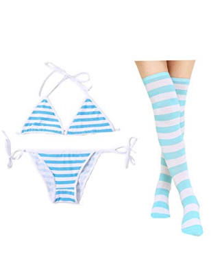 Oludkeph 3 piezas sexy japonesa lindo anime conjunto de lencería para mujer con muslo a rayas calcetines altos bikini - azul - Talla Única