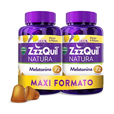 ZZZQuil Natura Melatonina complemento alimenticio para dormir, mango y plátano, Con Valeriana, Camomila, Vitamina B6 y extractos de hierbas, 2 x 72 gu
