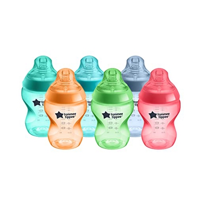 Tommee Tippee - Biberones con Tetina con Forma de Pecho y Válvula Anticólico, 260 ml, Pack de 6, Fiesta Multicolor