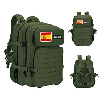 ELITEX V2 Mochila 45L Táctica Militar Bandera España Impermeable para Crossfit Caza Aire Libre Deportes Gimnasio Portatil Oxford 900D (Verde)