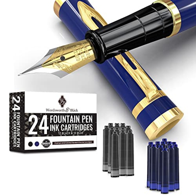 Juego de plumas estilográficas Wordsworth & Black de punta media con 24 cartuchos de tinta, un convertidor para la recarga de tinta y un Bolsa de rega