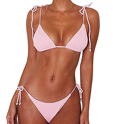 Joligiao Mujeres Bikini de Lazo Sexy Triángulo Traje de Baño Brasileño Dos Piezas con Parte Inferior Descarada(Rosa,XL)
