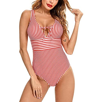 Mujer Bañador Traje de Baño de Una Pieza Ropa de Playa Cintura Alta Natacióncon Ropa de Baño Push Up Relleno Trajes de Baña A Rayas Bañador de una Pie