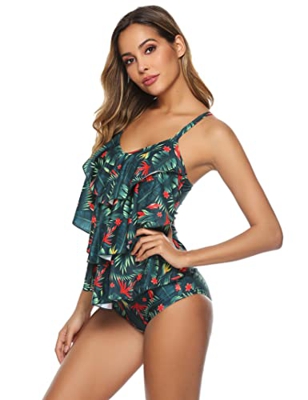 Wayleb Tankinis Traje de Baño Mujer Dos Piezas Flores Impresión Top con de Volantes Short Conjuntode Bañador Mujer Tallas Grandes,B-Flor Verde+S