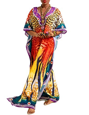 Bsubseach Vestido de Playa de Leopardo de Talla Grande para Mujer Traje de baño de Playa con Estampado étnico de Media Manga Batas largas de caftán