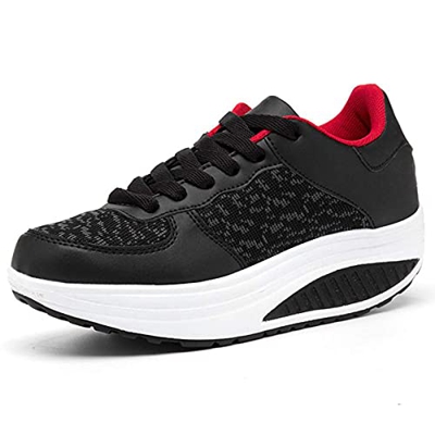 Mujer Zapatillas de Deporte Cuña Zapatos para Caminar Aptitud Plataforma Sneakers con Cordones Calzado de Tacón 4cm Negro EU 38