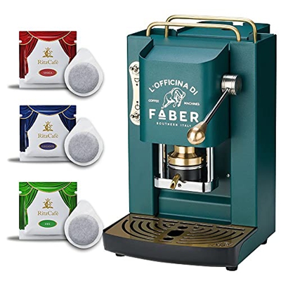 Máquina de café Faber Pro Total Deluxe con acabados de latón a monodosis de papel Ese 44 mm (British Green) + 50 cápsulas Ritz Café Única