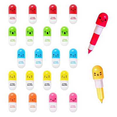 16 mini píldoras de vitamina bolígrafo con forma de cápsula con expresión kawaii cara bolígrafo regalo retráctil, bolígrafo portátil para escuela, ofi
