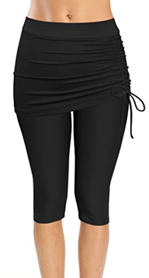 SHEKINI Bañador de mujer de cintura alta, leggings largos con falda, para deportes acuáticos, bikini, pantalones elásticos, pantalones cortos deportiv