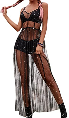 Loalirando Vestido transparente para mujer, para fiesta, club, bikini., Negro/Lentejuelas, M