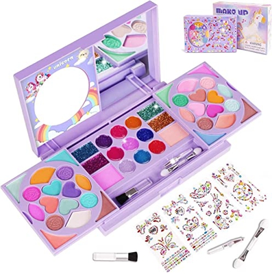 KIDCHEER 47 Kit Maquillaje Niña, Juguete de Maquillaje Lavable Cosmético Real con Pinceles, Espejos y Pegatinas de Gemas para Regalos de Cumpleaños de