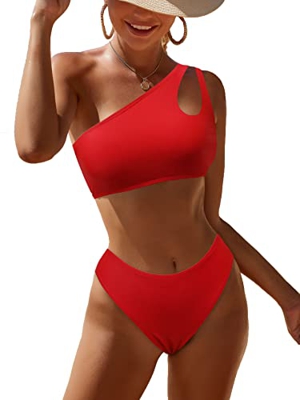 JFAN Traje de Baño Mujer Conjunto de Bikini Un Hombro Trajes de Baño Ahuecados Bañador Atractivo de Dos Piezas(Rojo,XL)