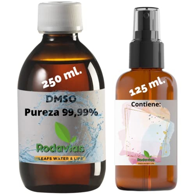 DMSO Dimetilsulfóxido 99,99% Pureza (250ml) + Frasco (125ml) + Difusor + Vasito Medidor | Frascos Ámbar de Laboratorio (protección de los Rayos UVA) y