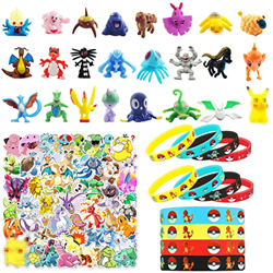 Juego de Juguetes de Cumpleaños,24 Figuras Pokem Pequeñas,12 Pulsera de Silicona,50 Pegatinas de Niños,Juego de Juguetes de Fiesta de Cumpleaños para  en oferta