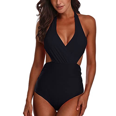 Joligiao Mujeres Retro Cintura Alta Trajes de Baño Una Pieza Flor Bañadores Conjunto Push Up Escote en V Profundo Halter Monokini Tankini Polka Dot Bi