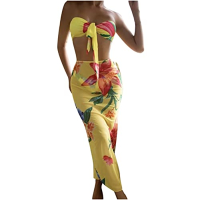 3pc Mujer Bikini 2022 Trajes de Baño dos piezas + falda Playa Conjunto de Bikinis sin tirantes Impresión Sexy Push up Bikini cintura bajo Tankinis Bea