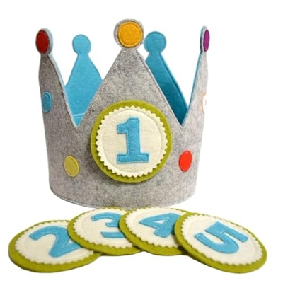 Corona Cumpleaños 1 Año con 9 Números Intercambiables - De 1 a 9 Años - Velcro Resistente - Quita y Pon - Tela sin Durezas, Gorro Infantil, Corona Pri