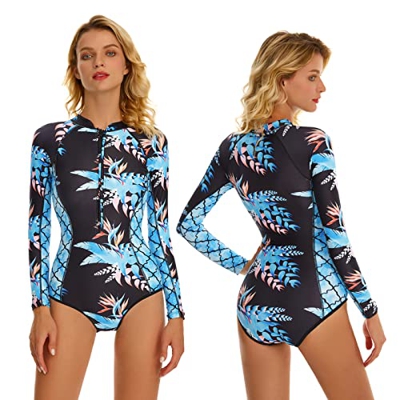 Beachkini Traje de baño para Mujer con protección Solar, Traje de baño de Manga Larga, Ropa de Surf de una Pieza con Cremallera,Hojas Azules,M