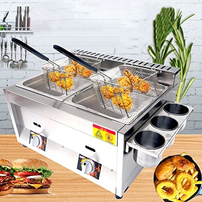 Freidora Comercial De Doble Tanque con Cestas Y Tapas Freidora De Encimera De Acero Inoxidable 8L * 2 con Control De Temperatura para Papas Fritas Pav