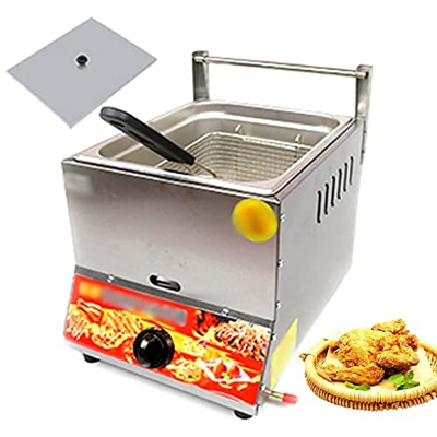Freidora De Gas Profunda De Encimera Comercial De 10 L con Cesta Y Tapa, Freidora De Acero Inoxidable para Freír Papas Fritas, Freidora Rápida Grande 