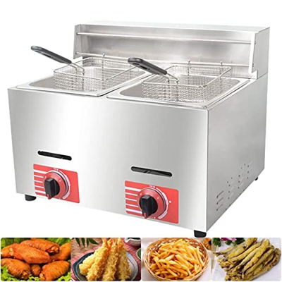 Freidora Comercial De Gas LPG 10L * 2 Freidoras De Encimera De Acero Inoxidable con 2 Cestas Y Tapa, Pollo Y Papas Fritas De Gran Capacidad Freidora D