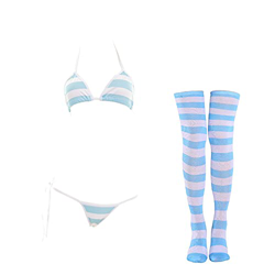 SINROYEE Conjunto de lencería sexy para mujer, bikini de anime japonés, rayas con calcetines altos a rayas, Bikini de rayas anchas azules, Talla Única en oferta