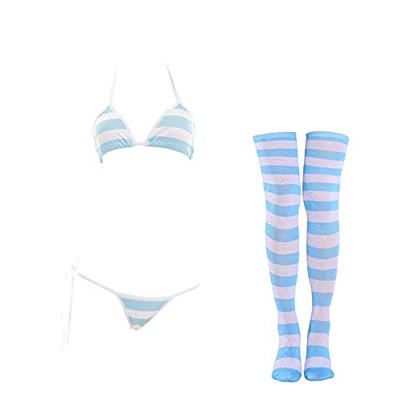 SINROYEE Conjunto de lencería sexy para mujer, bikini de anime japonés, rayas con calcetines altos a rayas, Bikini de rayas anchas azules, Talla Única