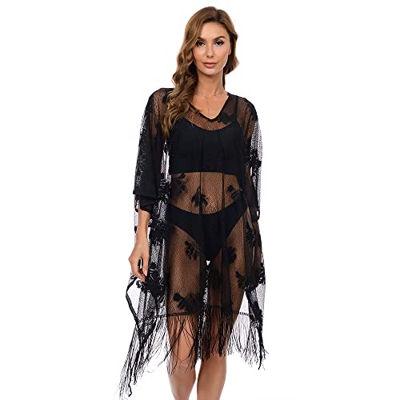 TOEECY Vestido de Playa Mujer Encaje V Cuello Traje de Baño Camisolas y Pareos Playero Suelto Boho Transparente Bikini Cover Up Sexy Kaftan Túnica Ver