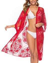 iWoo - Cárdigan kimono sexi para mujer, largo, para proteger del sol en la playa, de encaje floral estilo crochet para cubrirse en la playa. B-rojo Ta en oferta